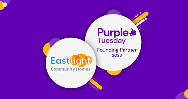 Purple Tuesday announced Eastlight Community Homes as Founding Partner (graphic, with Purple and Eastlight logos on a purple background).