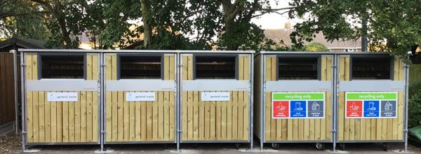 A row of wooden bin stores.