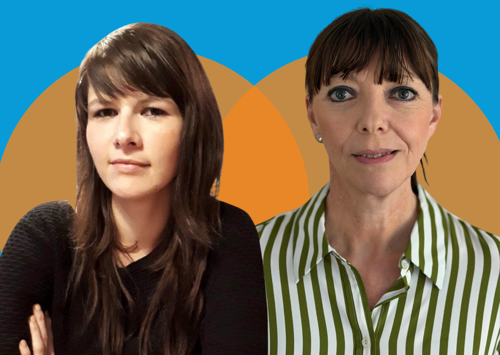 Tamara Valmas (left) and Claire Morris (right). Their headshots sit on orange circles on a blue background.