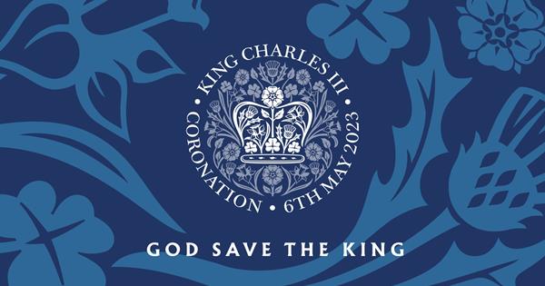 Blue emblem for His Majesty King Charles III Coronation, 6 May 2023. Underneath reads 'God Save the King'.