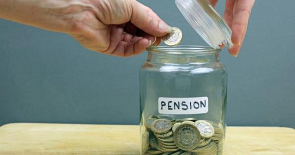 A coin being placed into a jar labelled 'Pension'