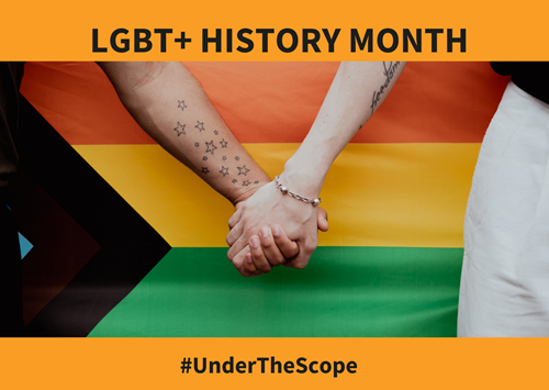 A graphic with a rainbow flag in the background, with two people holding hands. The title (in black font on an orange background) reads "LGBT+ History Month" and the footer (in black font on an orange background) reads #UnderTheScope.