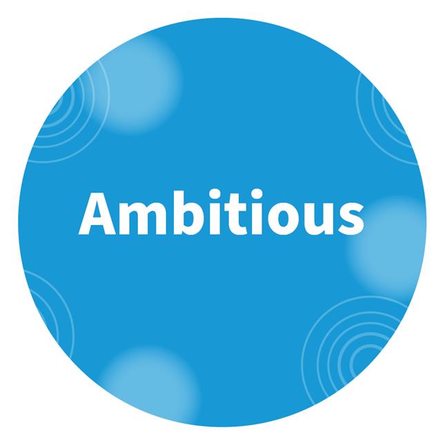 The word Ambitious written on a circular blue background
