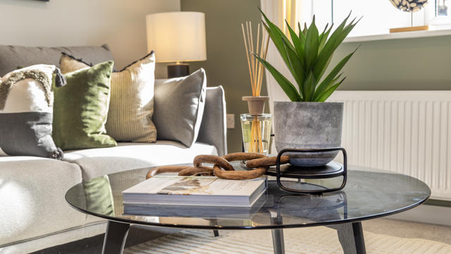 A bright living room in an Eastlight showhome at a new build development in Halstead. A glass coffee table sits in the foreground with a potted green plant, a decorative wooden chain, and a book. Behind it is a light coloured sofa with mixed texture cushions and a lit table lamp. Sunlight enters through a window to the right.