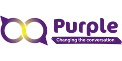 Purple Logo - purple and yellow infinity sign with "Purple" , and "changing the conversation" to the right