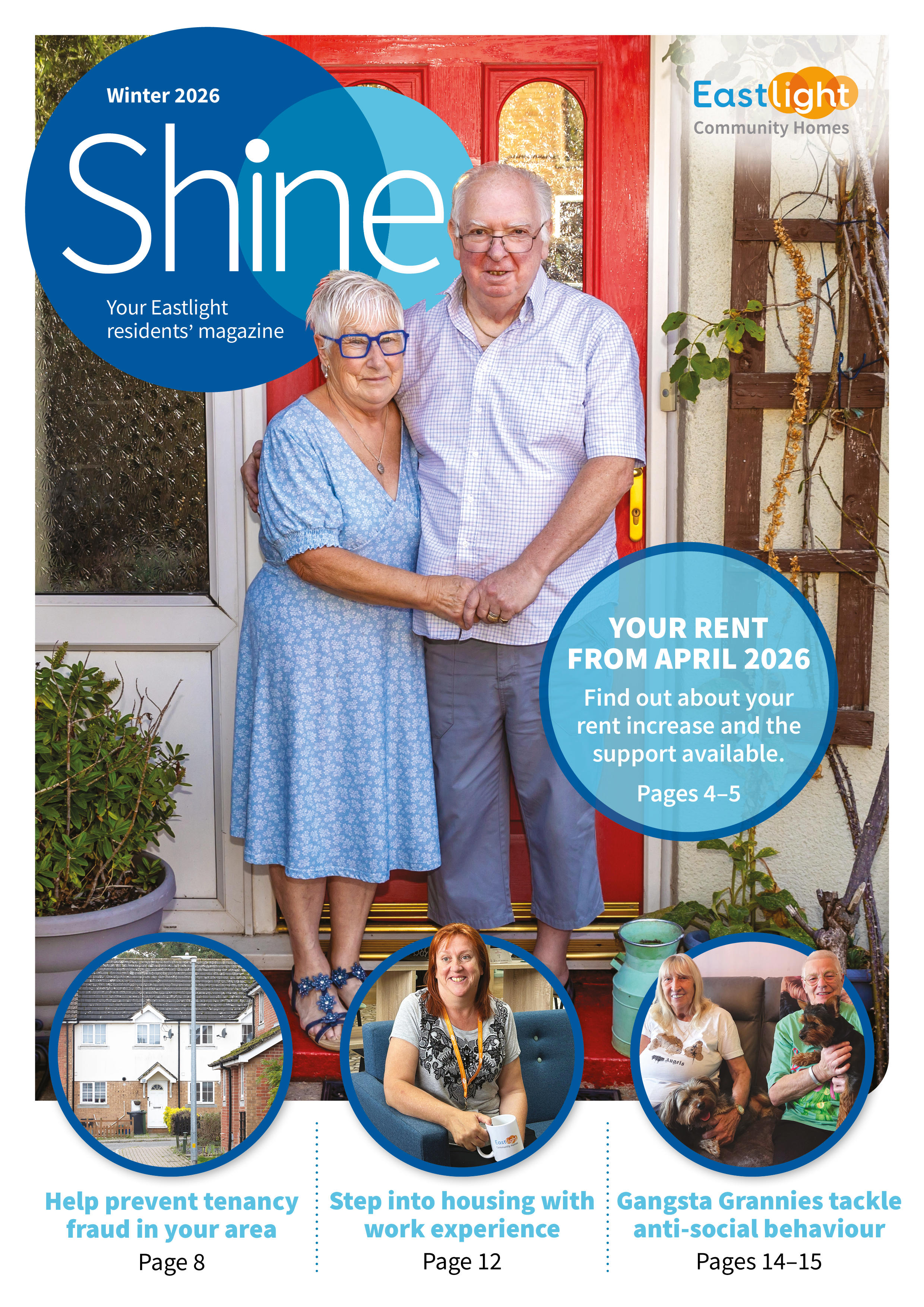Shine Magazine Winter 2026 front cover featuring an older man and woman on their front door step. Three circle images at the bottom of the page feature: a row of houses, a resident wearing an Eastlight lanyard and holding an Eastlight mug, and two older women sat on a sofa together with two Yorkshire Terriers.