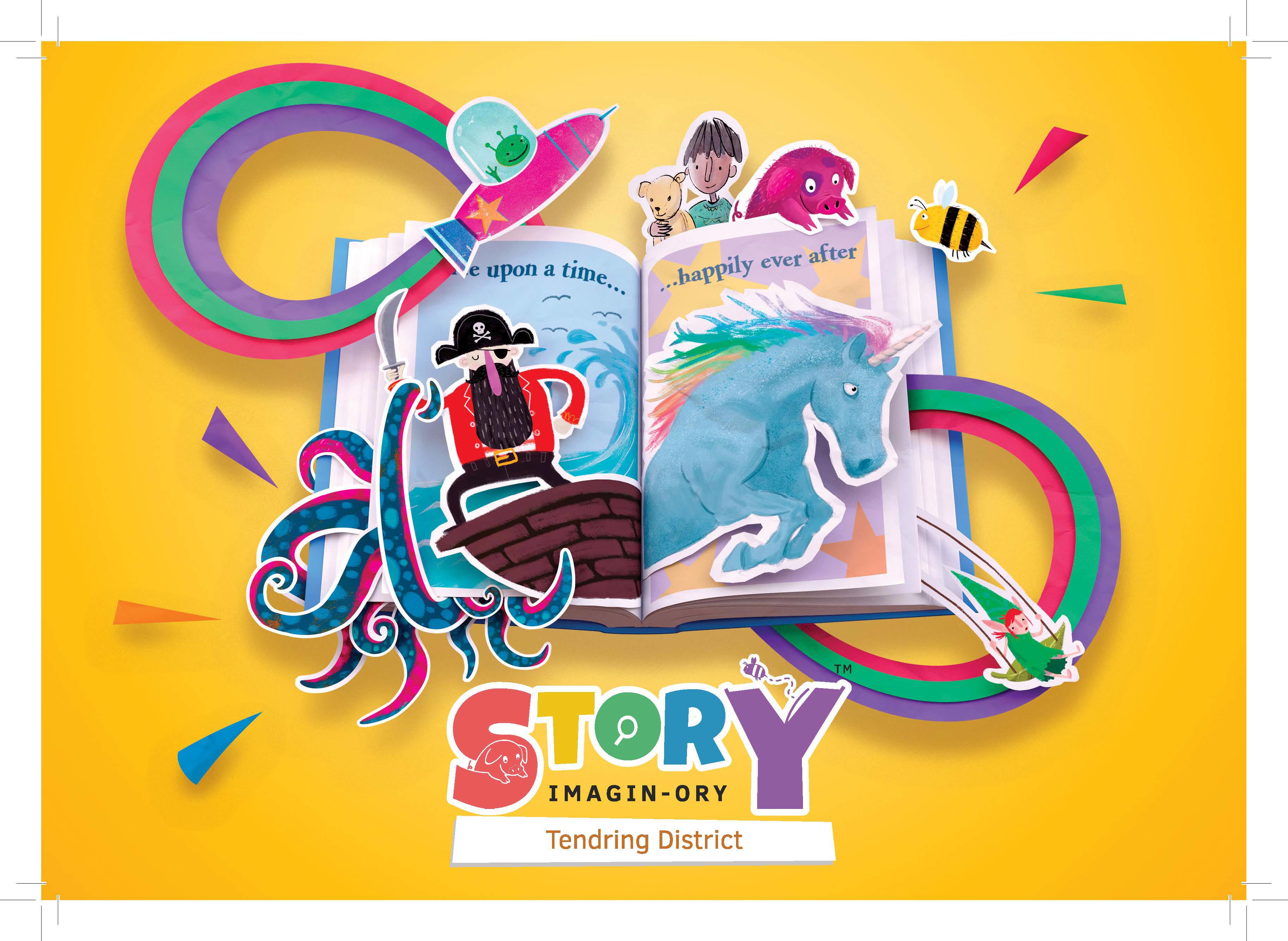 The wording 'Story Imagin-ory' with a photo of an open storybook
