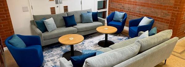 Sofas and a table in the cafe area