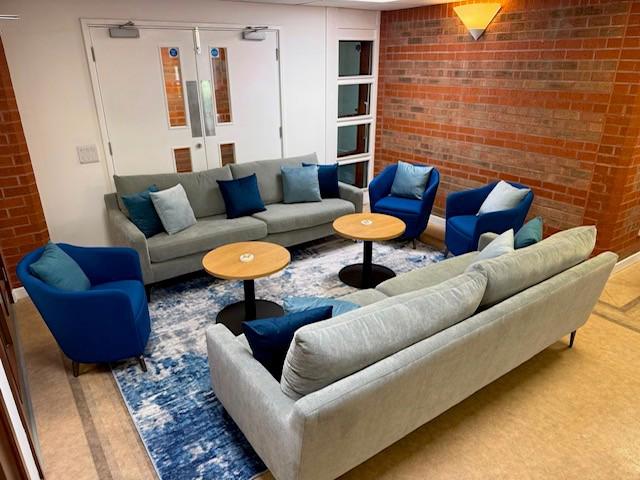 Sofas and a table in the cafe area