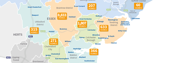 A map showing where Eastlight's 12,500 homes are in the East of England