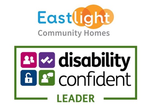 The Eastlight Community Homes blue and orange logo, sitting directly above the Disability Confident Leader logo, on a white background.