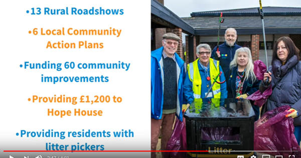Group of people standing by a bin with "13 rural roadshows, 6 local community action plans, Funding 60 community improvements, Providing £1,200 to Hope House, and Providing residents with litter pickers" on the picture.
