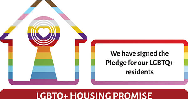 Logo of LGBTQ+ Housing Pioneer+ featuring a house with rainbow colours and text  stating, "We are going further alongside our LGBTQ+ residents.