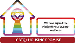 Logo of LGBTQ+ Housing Pioneer+ featuring a house with rainbow colours and text  stating, "We are going further alongside our LGBTQ+ residents.