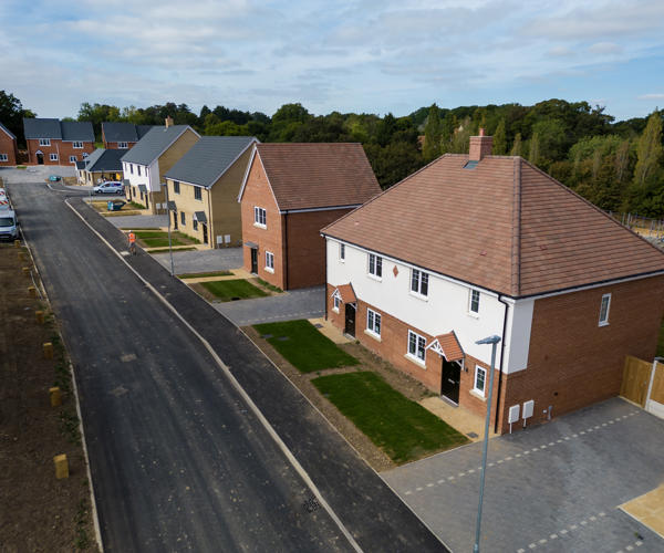New-build Eastlight homes at Mount Hill Braintree (Essex) from aerial view