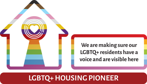 LGBTQ+ Housing Pioneer accreditation graphic featuring Progress Pride colours and a stylised house and keyhole design.