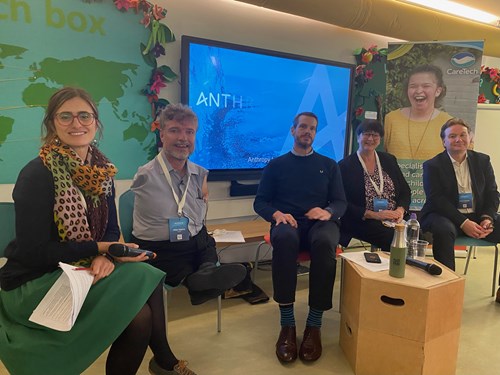 Tracy Wright, Eastlight People Director, at Anthropy UK. In order (from left to right) sit session panellists, Sol Anitua, Mike Adams, Jonathan Freeman, Tracy Wright, Kevin Cooper.