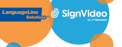Graphic showing the LanguageLine Solutions and SignVideo logos side by side, representing Eastlight's translation, interpreting and British Sign Language support services. The logos are displayed within large orange and blue circles, with smaller branded circles around the edges.