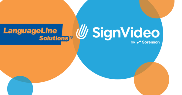 Graphic showing the LanguageLine Solutions and SignVideo logos side by side, representing Eastlight's translation, interpreting and British Sign Language support services. The logos are displayed within large orange and blue circles, with smaller branded circles around the edges.