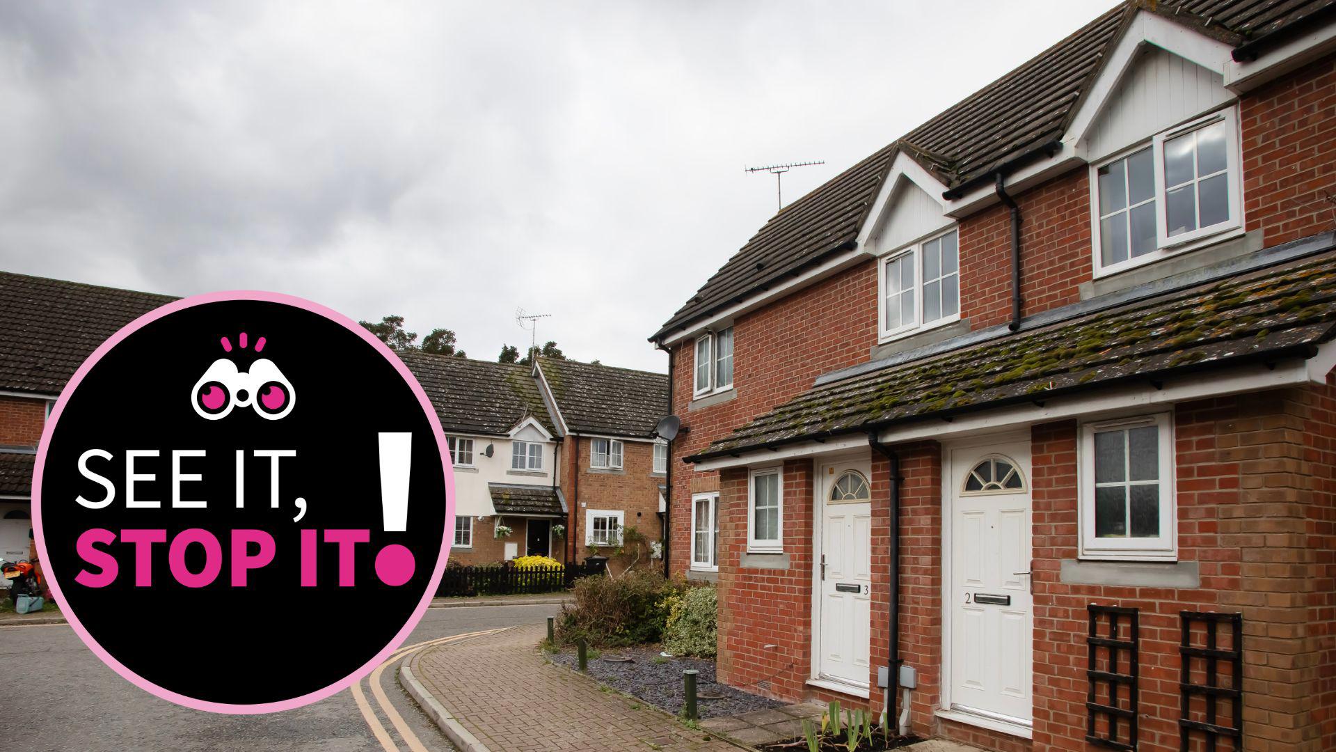 A road lined with houses with a black and pink circle sticker overlapping the image that reads: See it, report it