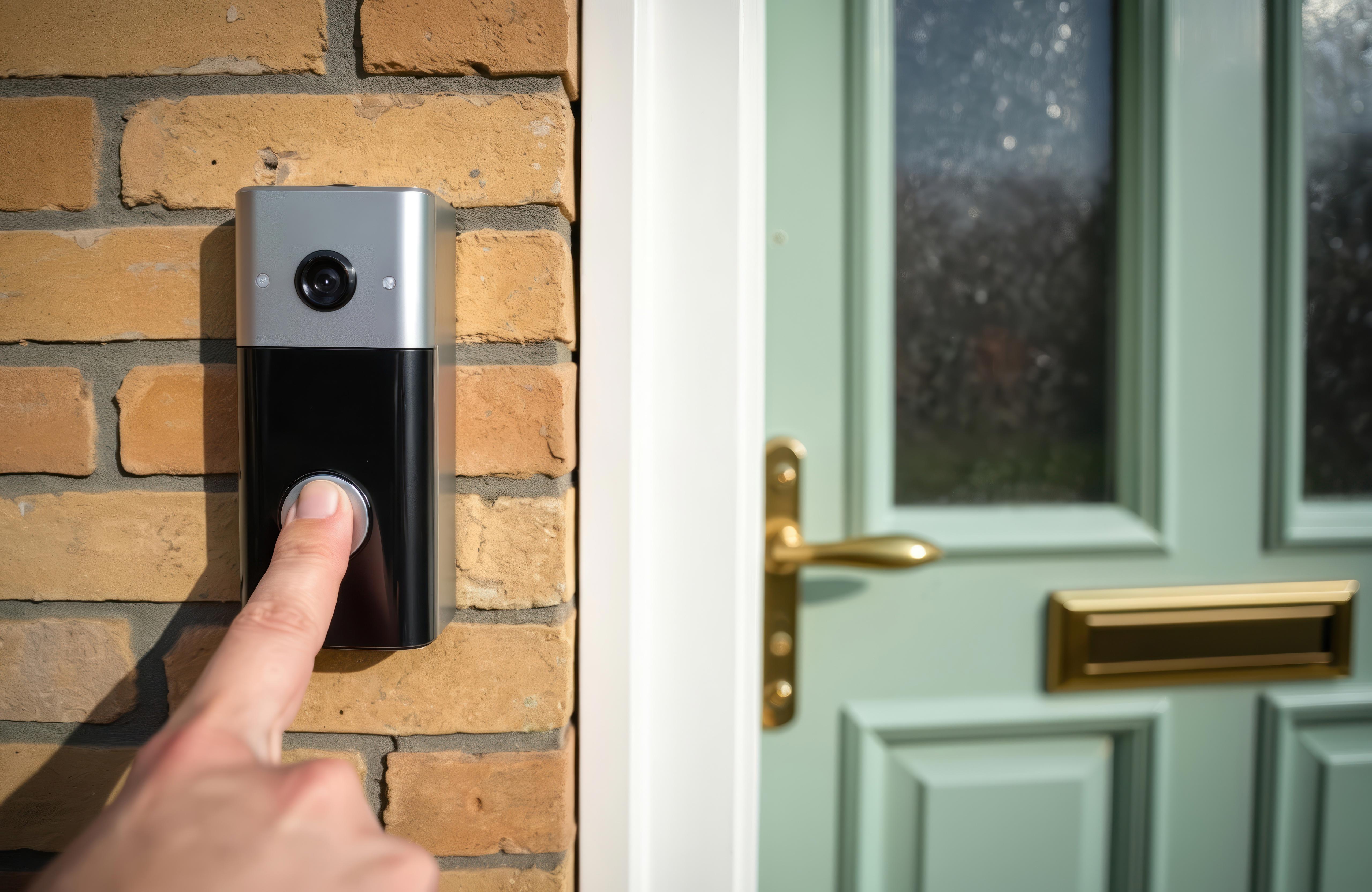 A rectangle video doorbell is positioned on a brick wall next to a front door to a house. A finger is pressing the button to ring the doorbell.